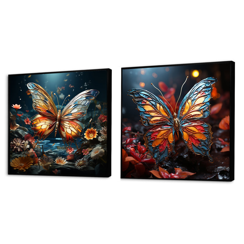Butterfly Fantasy Flight - Ensemble de 2 insectes et insectes carrés, Cadre flottant noir, H 16 po x l 33 po