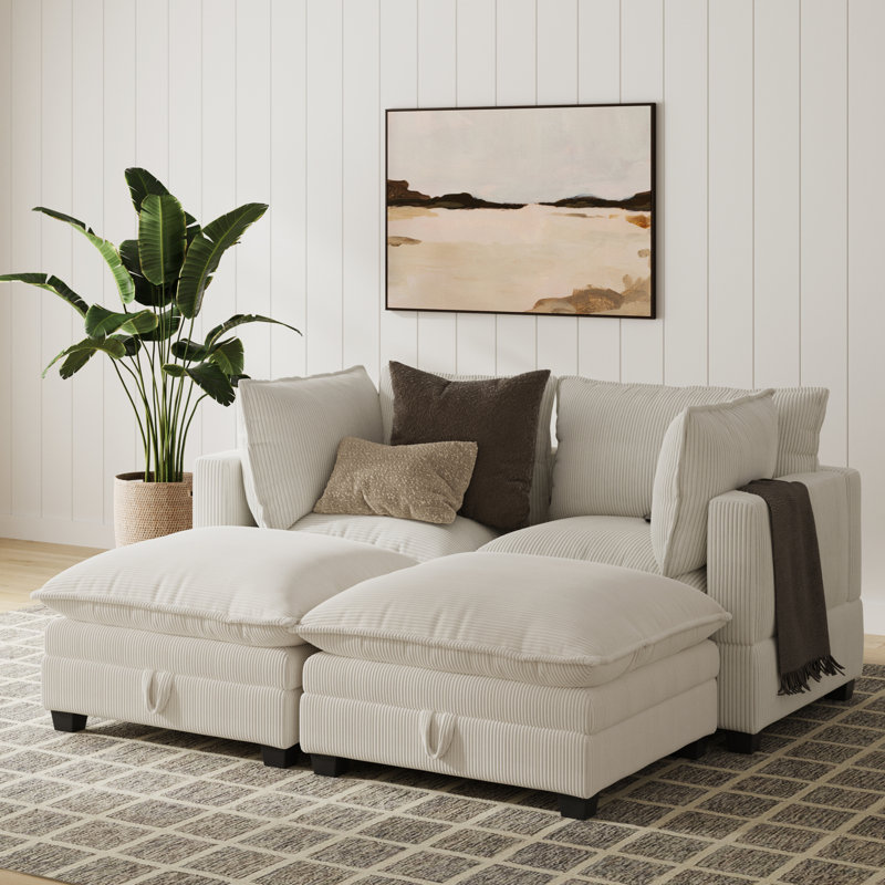 Canapé modulaire sans accoudoirs 4 pièces Somerdale, Velours côtelé blanc