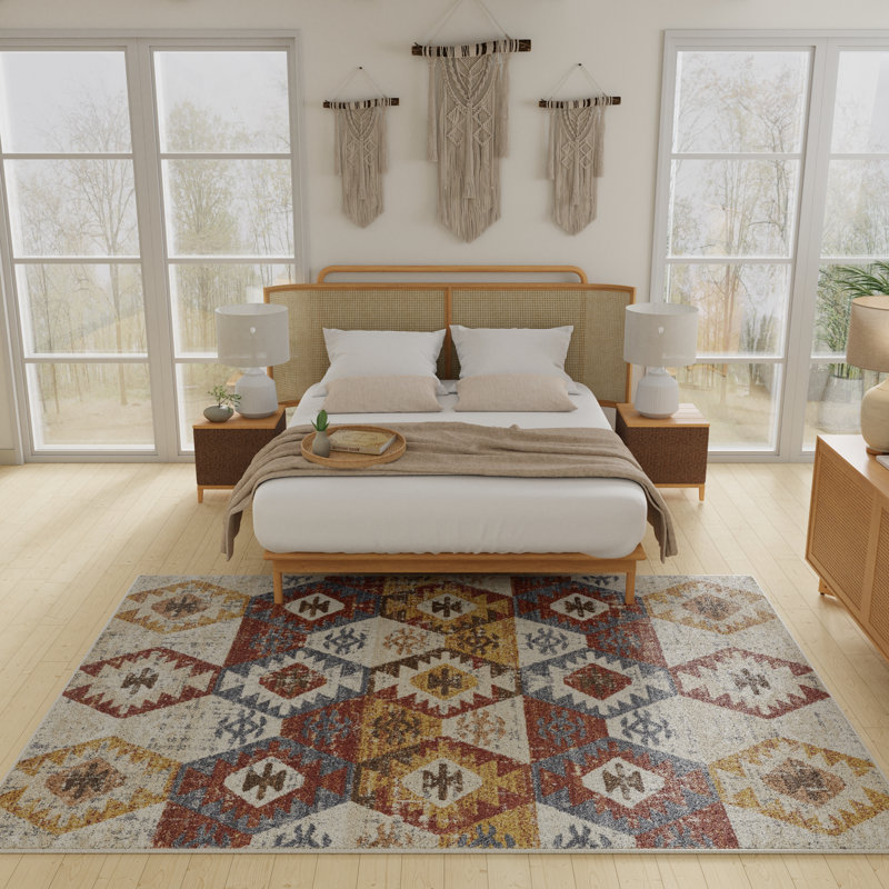 Tapis d'intérieur multicolore en polypropylène tissé à la main Raashi, Rectangle 7 pi 10 po x 9 pi 10 po