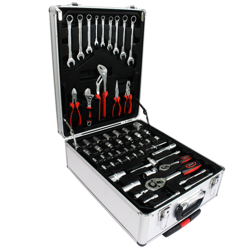 899Pcs Outil d'entretien de la maison dans une boîte à outils à 4 roulettes - trousse d'argent avec jardin