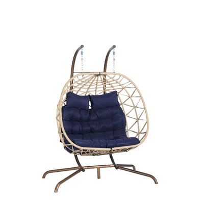 2 Person Hanging Egg Chair: - Cushions, Iron Frame, Hand-Woven For Patio