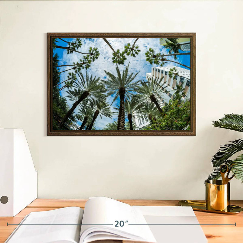 Palmiers de Miami, 13 po x 9 po, Cadre flottant en noyer