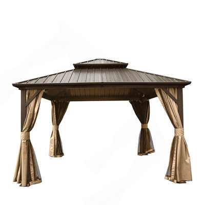 12' X 12' Hardtop Gazebo, Aluminum Metal Gazebo With Galvanized Steel Double Roof Canopy, Curtain And Netting, Permanent Gazebo Pavilion For Patio, Backyard, Deck, Lawn