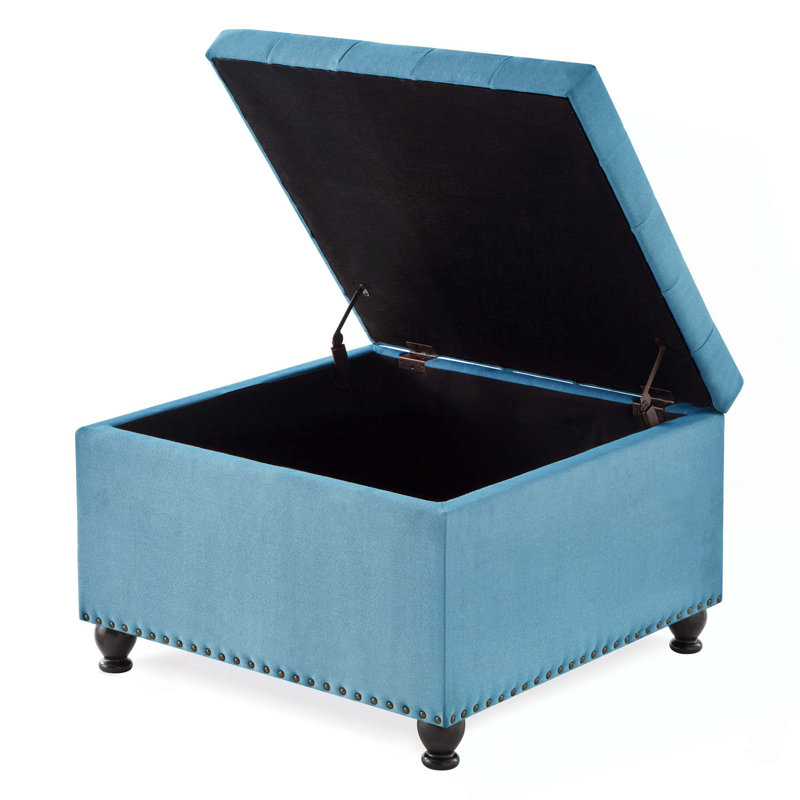 Grand repose-pieds de rangement carré avec pieds en bois, table basse capitonnée avec garniture cloutée pour plus d'espace de vie