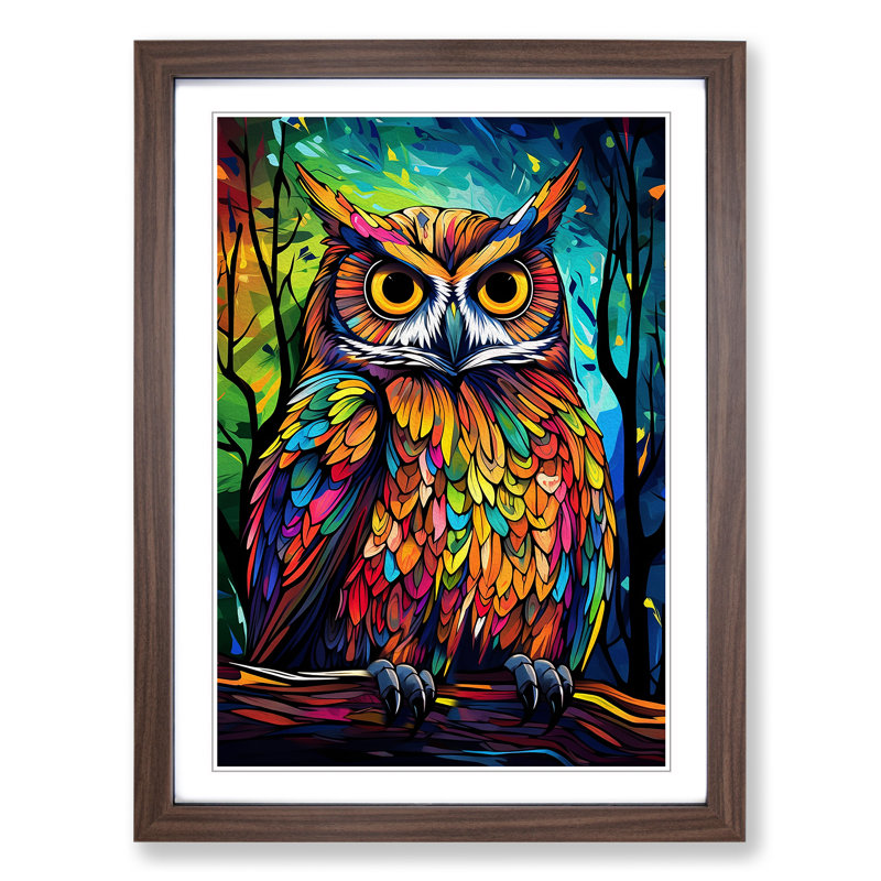 Owl Pop - Single Picture Frame Print on Wood, Walnut , 46cm H x 34cm W x 2cm D
