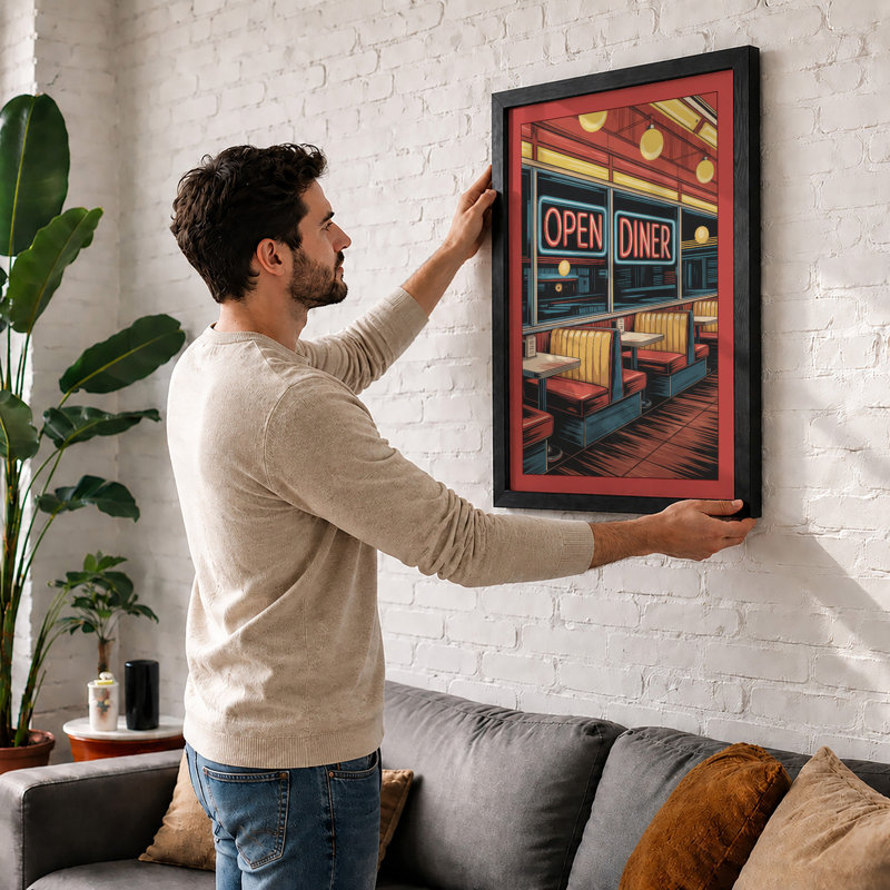 Neon Diner Glow Retro - Framed Print, A4 - 29.7 x 21.0 cm, White