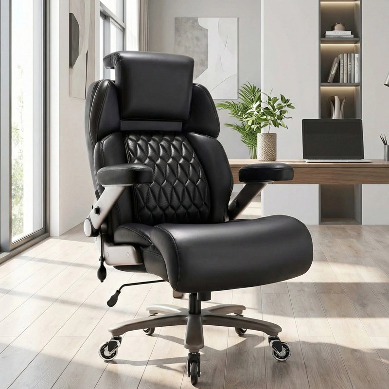 Mikial 500lbs Big and Tall Executive Office Chair - Breathable Leather, 3D Arms, & Air-Compressed Lumbar Support, Black