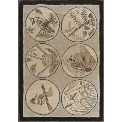 Antique American Folk Art Naturalist Design Hooked Bird Rug