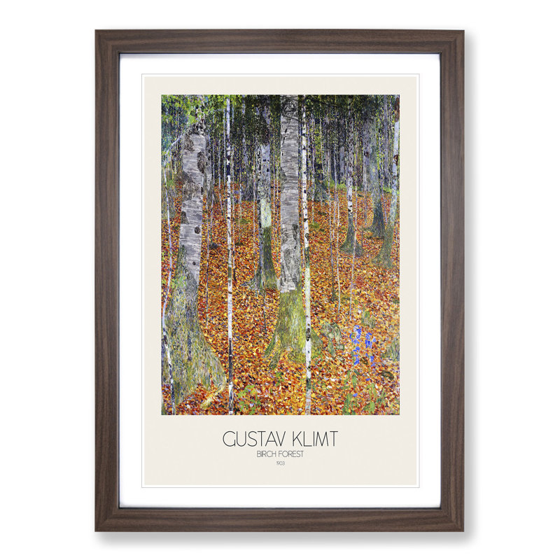 Birch Forest with Border by Gustav Klimt - Picture Frame Painting on MDF, 65cm H x 48cm W x 2cm D, Walnut Framed