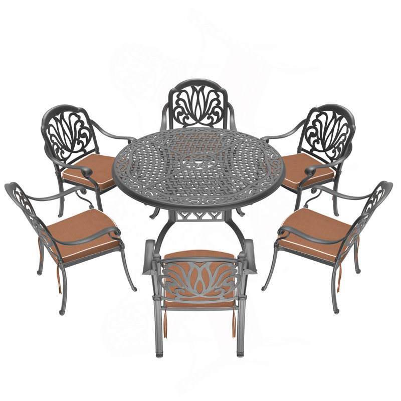 Ensemble de 7 pièces de mobilier de patio en aluminium coulé avec cadre noir et coussins de siège bruns, 6