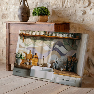 Toile «A Cozy Kitchen Interior» avec une grande murale artistique sur le mur présentant des formes organiques douces dans des tons discrets d'art sur toile
