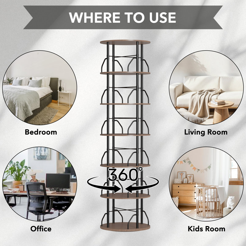 Rotating 360° Bookshelf Tower, Stackable Spinning Bookcase, Space‑Saving Revolving Round Shelf, Floor Standing Swivel Corner Organizer, Brown