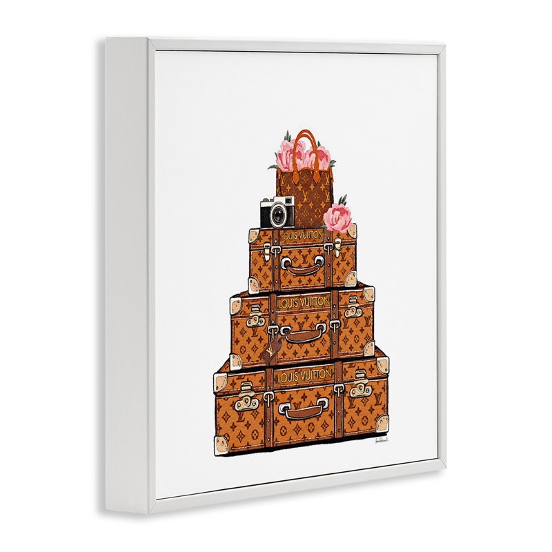 Valise empilée avec sac à main floral, estampe numérique, design par Amanda Greenwood, H 12 po x l 12 po