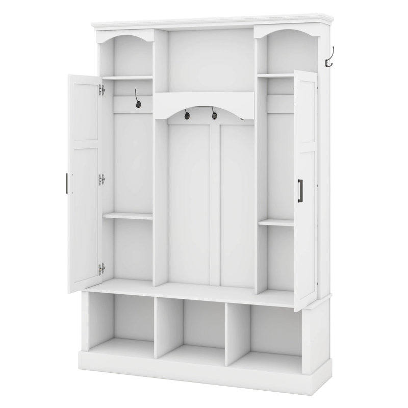 All-In-One Hall Tree With Adjustable Shelves, Arched Storage Bench With Dual Side Cabinets, Entryway Organizer With 7 Hooks