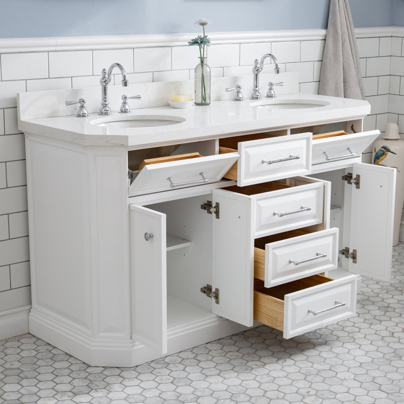 Bruning 60" Carrara Quartz Countertop Bath Vanity with Faucet, Pure White, Chrome Deck Mount