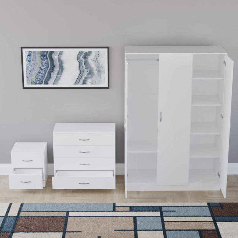 Maybery 3 Piece Bedroom Set (2 Drawer Bedside Chest, 4 Drawer Chest, 3 Door Wardrobe), (5), White