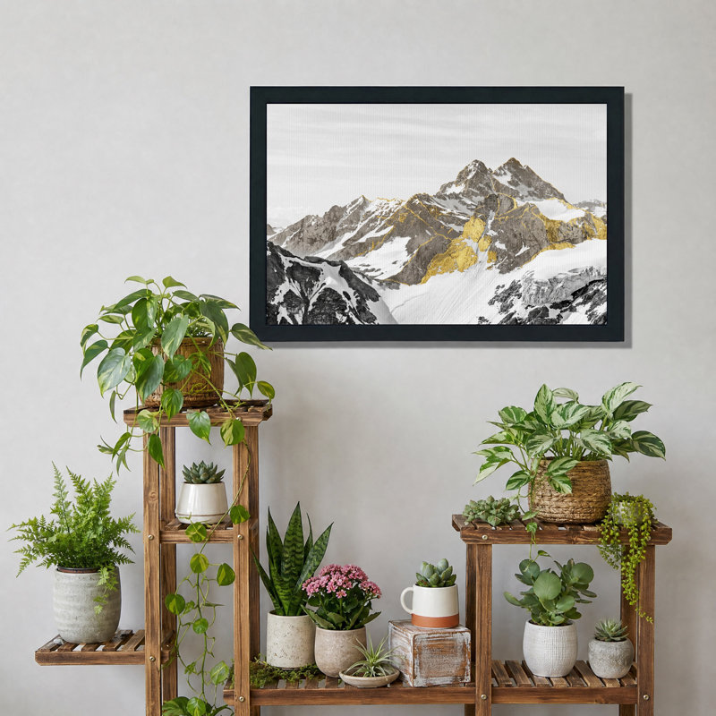Tableau sur toile représentant une chaîne de montagnes enneigées ornée de feuilles d'or, 12"H x 18"W