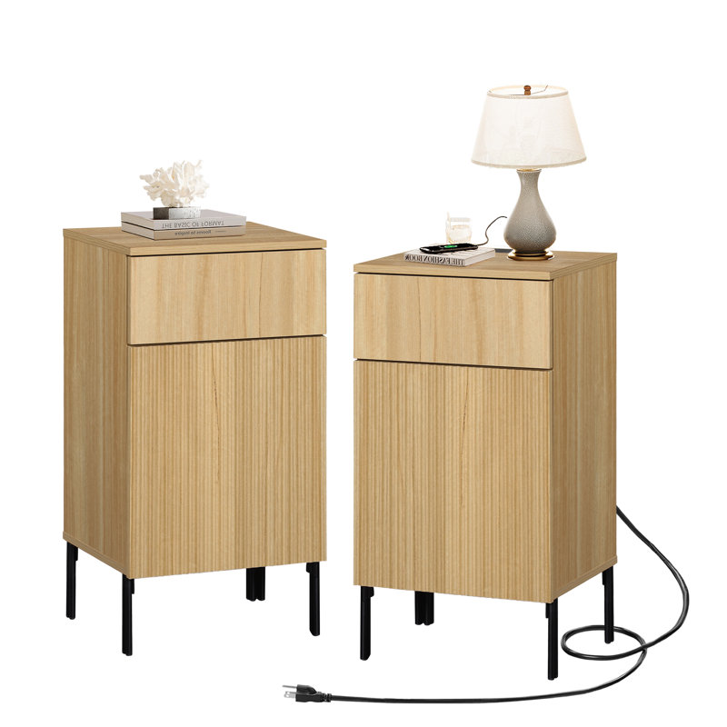 Union Rustic Modern Minimalist Nightstand Set Of 2 With Built-In Outlets, Reed Pattern Design, Oak