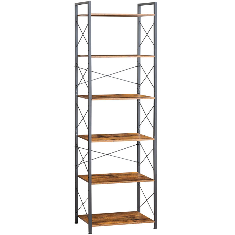 Adjustable 6 Tier Small Bookshelf, Wood - Metal Combination, Industrial Style Rustic Open Bookshelf, 16.5*11*70