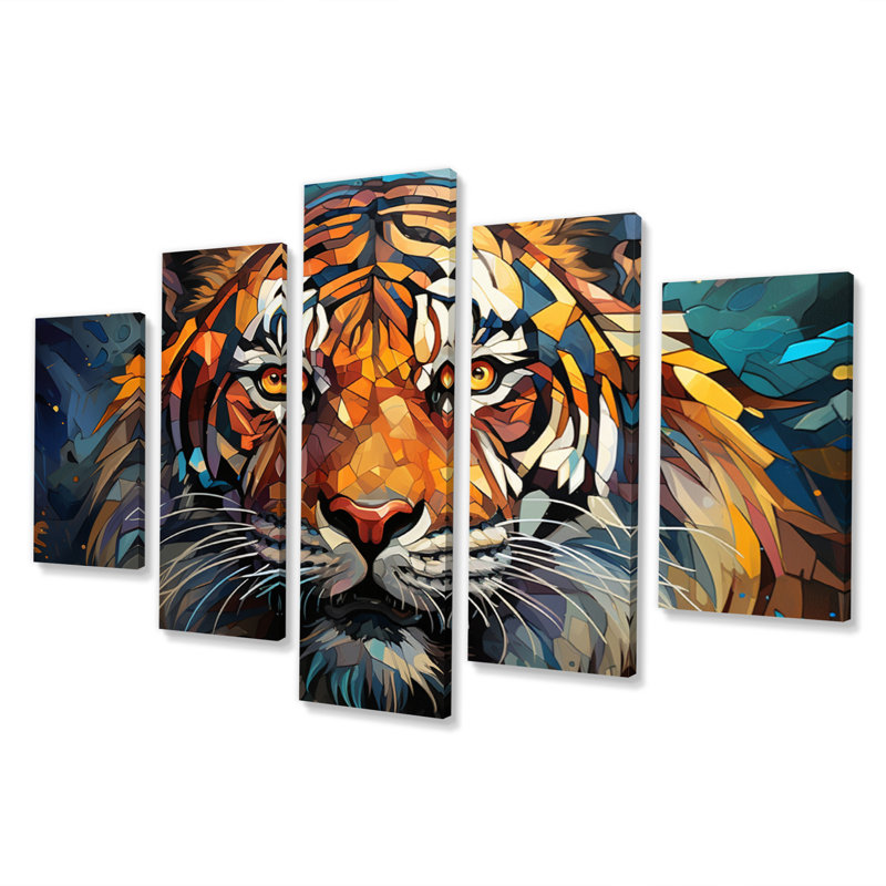 «Tiger Roaring Majesty Geometric», reproduction d'art murale - 5 panneaux