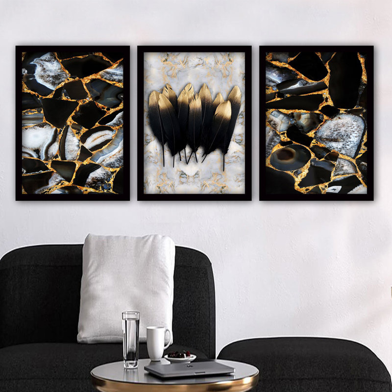 Ensemble de 3 peintures élégantes encadrées décoratives, 13,8 x 17,7 pouces chacune | 100% panneau de fibres à densité moyenne avec cadre en plastique durable, épaisseur: 0,8 pouce | Parfait pour la décoration intérieure, le salon et l'esthétique de bureau