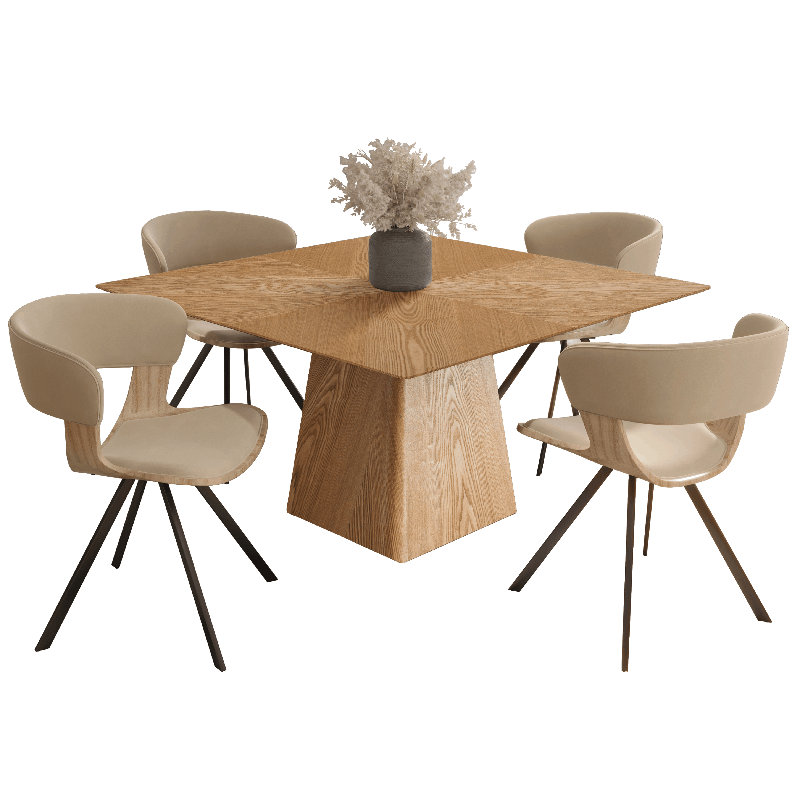 5-Piece Dining Set With Square Wooden Table In Natural Wood And 4 Upholstered Dining Chairs, Taupe/Washed Walnut