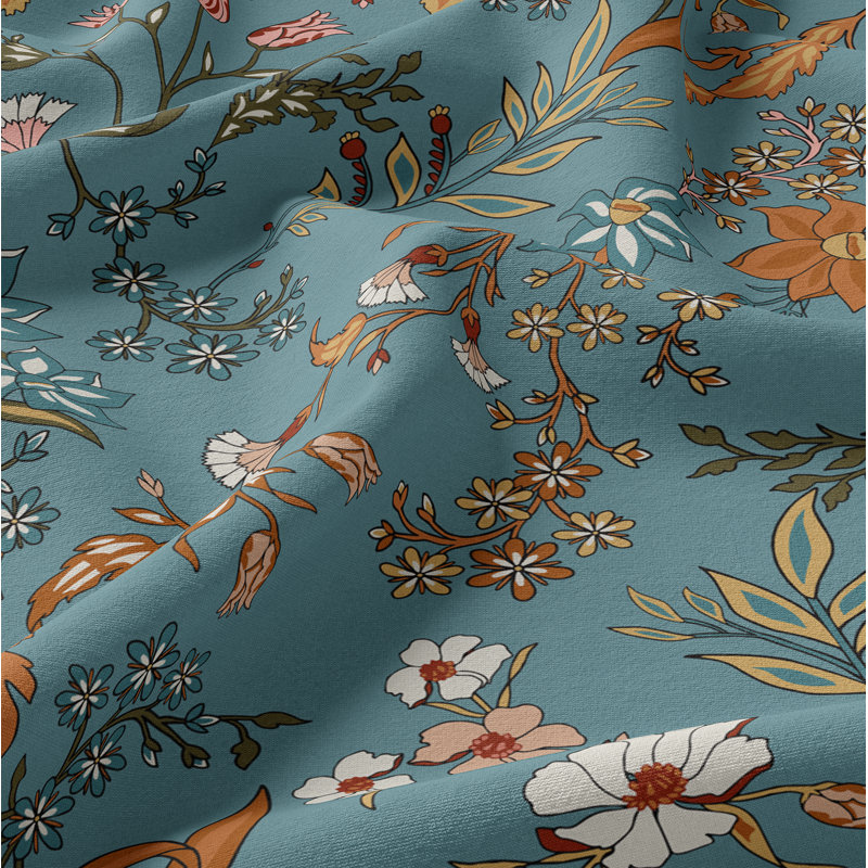 Boho Floral Wildflower Blue and Orange Brushed Microfiber 3 Piece Queen Duvet Cover Bedding Set (Set of 3)