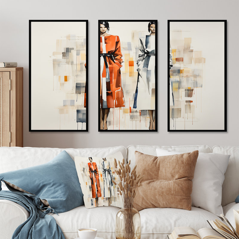 Orange chic, filles élégantes - art mural tendance, Cadre flottant noir, H 32 po x l 48 po