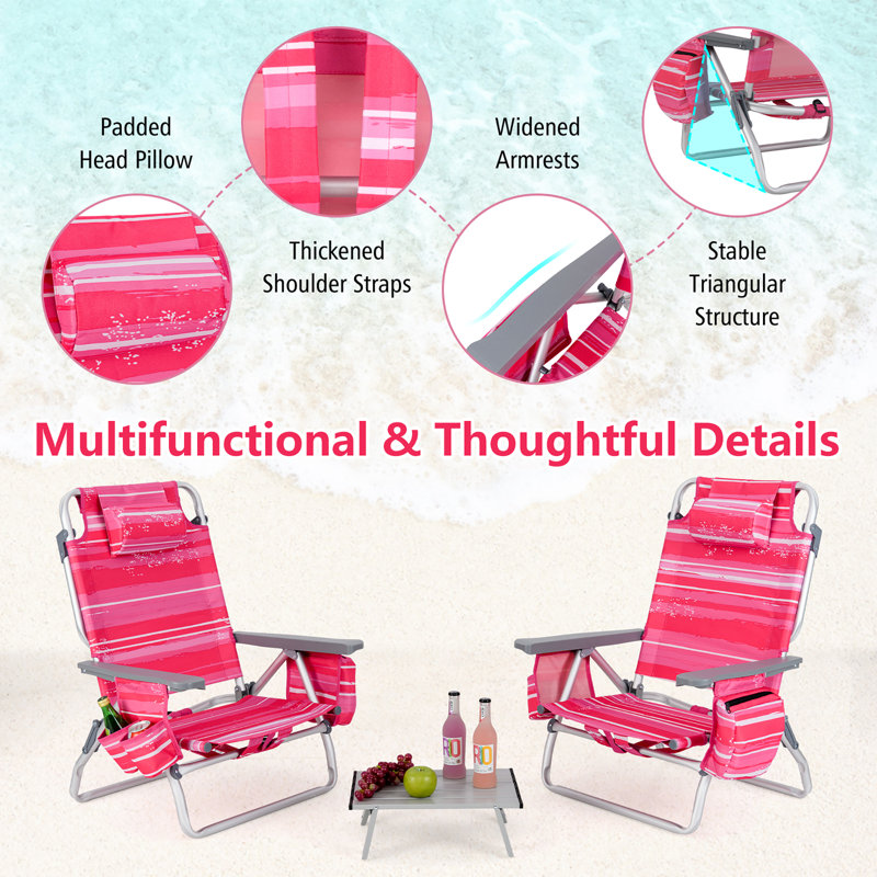  Ensemble de 2 chaises de plage pliantes à dossier repliable rose chaud