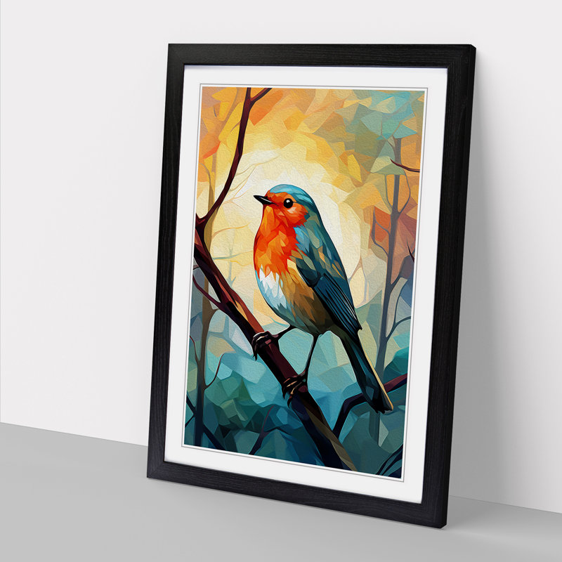 Robin Bird Cubism - Single Picture Frame Print on Wood, Black Framed, 34cm H x 25cm W x 2cm D