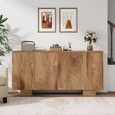 Farmhouse Sideboard Buffet Cabinet With Adjustable Shelves, 4-Door Coffee Bar Storage Cabinet For Kitchen, Living Room, Or Hallway, Oak