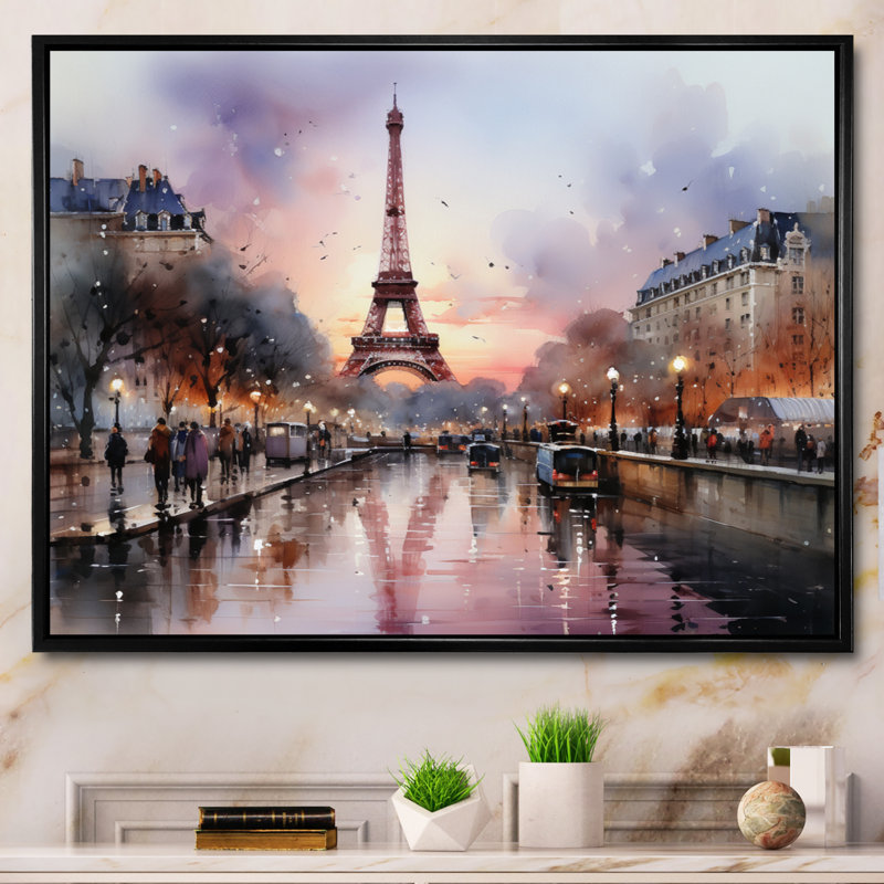 «Pink Twilight Rendezvous In Paris III» - Art mural, parcs d'attractions, H 24 po x l 32 po x P 1 po, Cadre flottant noir