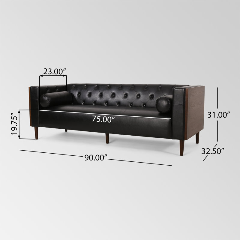 90.01'' Faux Leather Sofa, Midnight Black Faux Leather