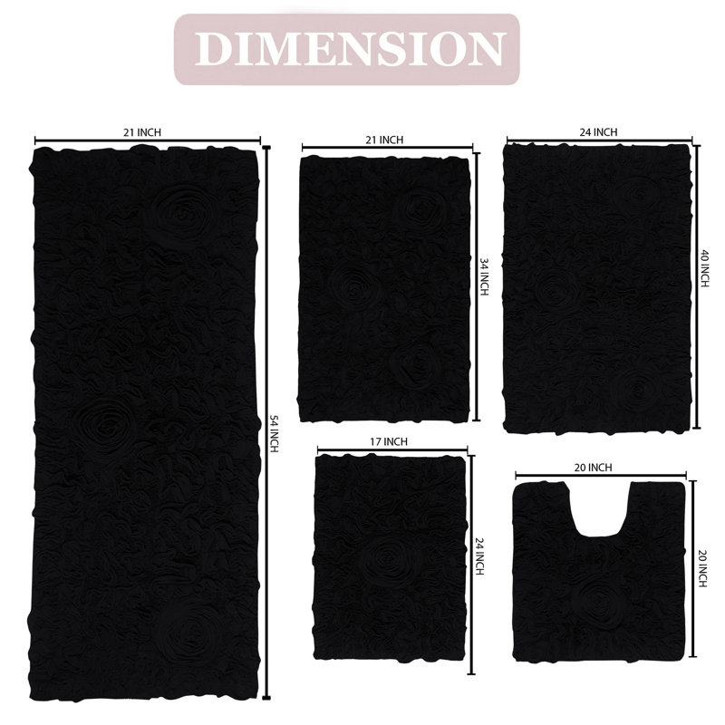 Freida Plush floral Complete Bath Rug set (Set of 5), Black