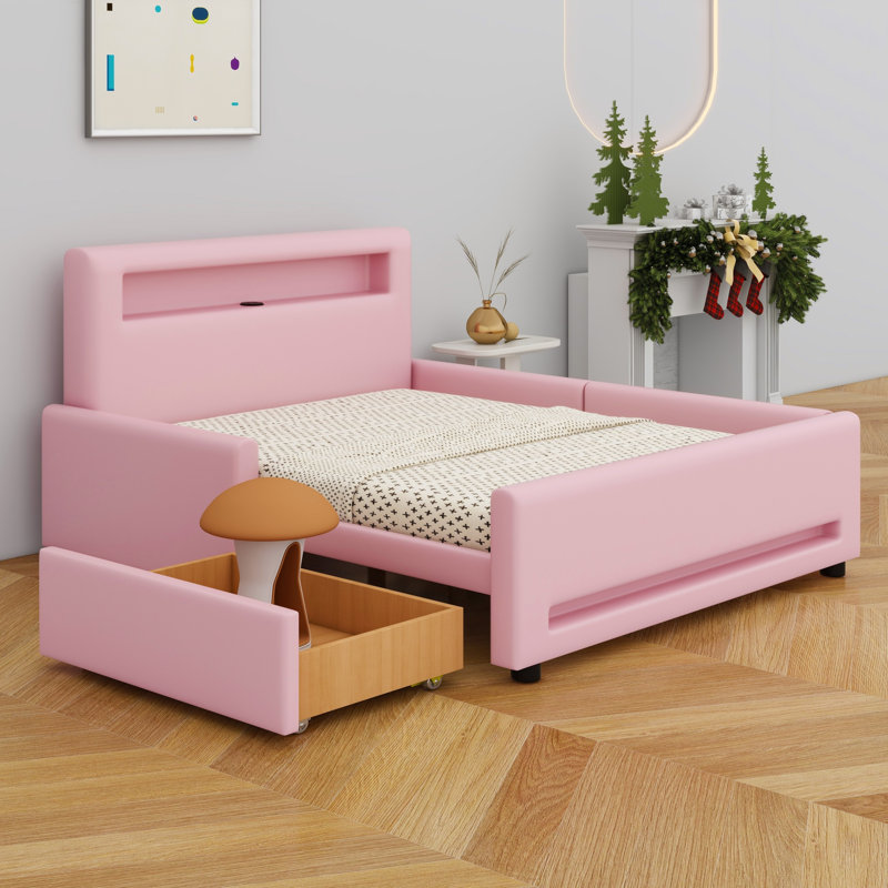 Lit plateforme tapissier à DEL avec tiroir de rangement et chargement USB, Rose