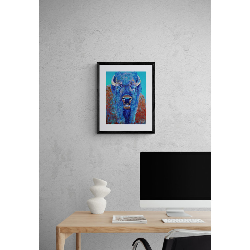 «Bellowing Bison» par Dara Daniel - Peinture, H 21,25 po x l 17,25 po x P 0,88 po, Papier avec cadre noir, Blanc