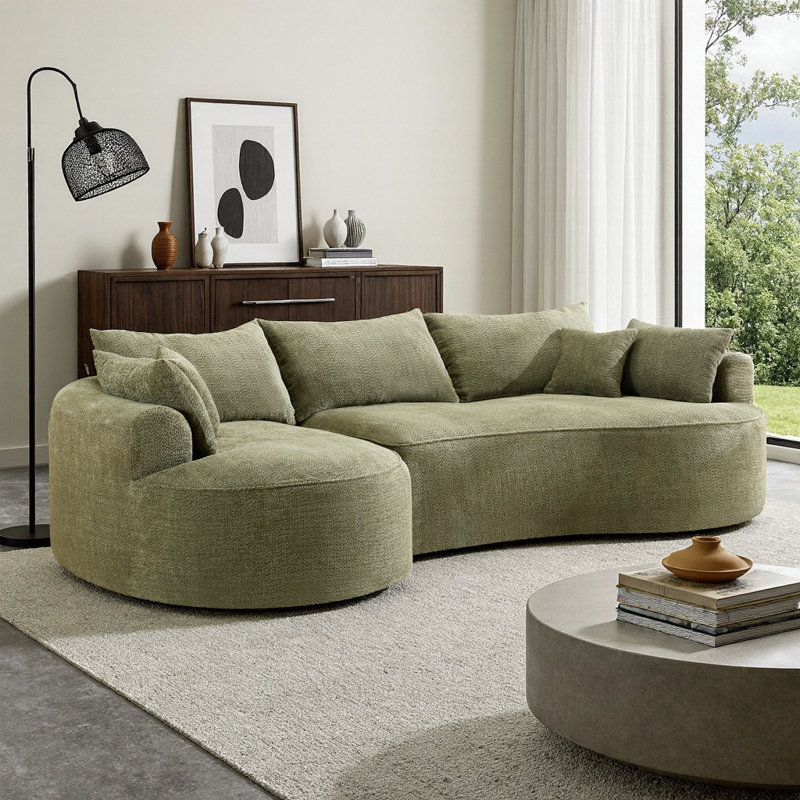 Canapé modulaire incurvé moderne en chenille grise avec coussins, Vert