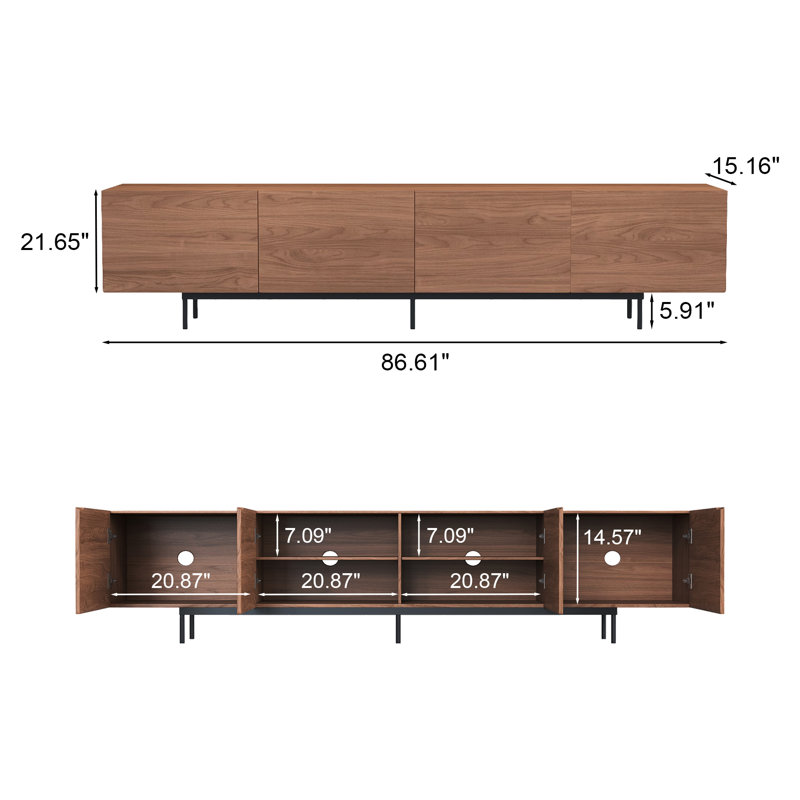 86.61" Walnut Wood TV Stand with 4 Cabinets