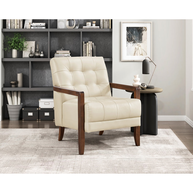 Fauteuil d'appoint en cuir beige, rembourrage en mousse, accoudoirs en noyer, bois massif avec finition, Beige