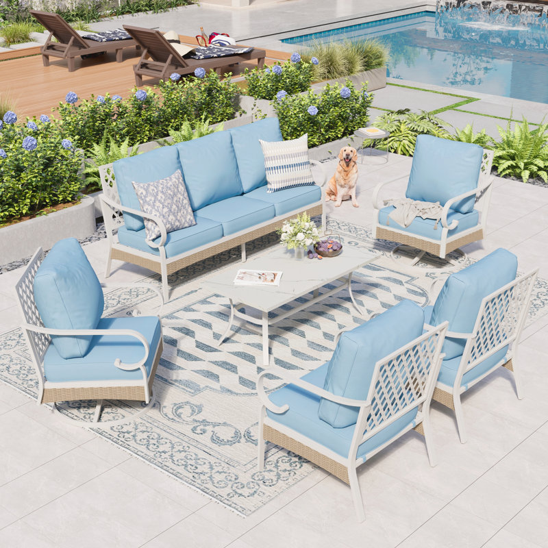 Tapasi 7 - Person Outdoor Patio Conversation Set with 2 Swivel Lounge Chairs, Blue