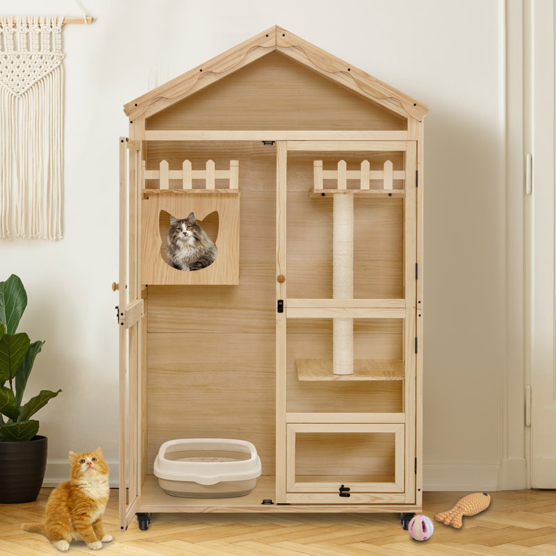 Natural Fir Wood Indoor Cat House with Lockable Doors and Wheels