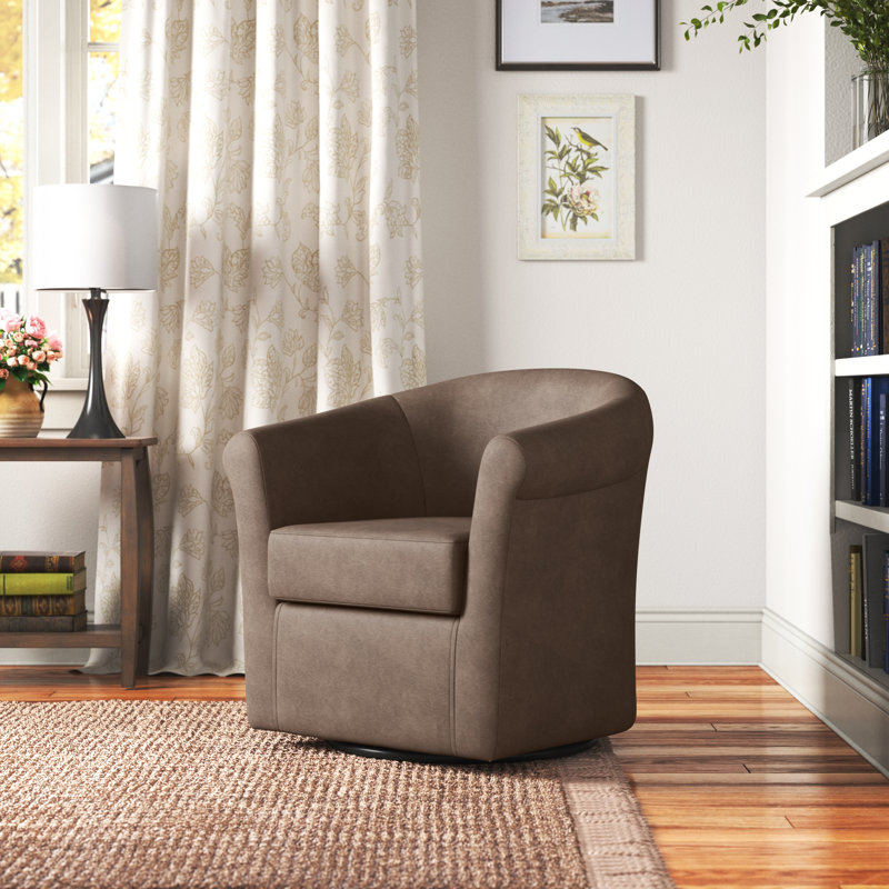Hahne Faux Leather Swivel Barrel Chair, Brown Faux Leather