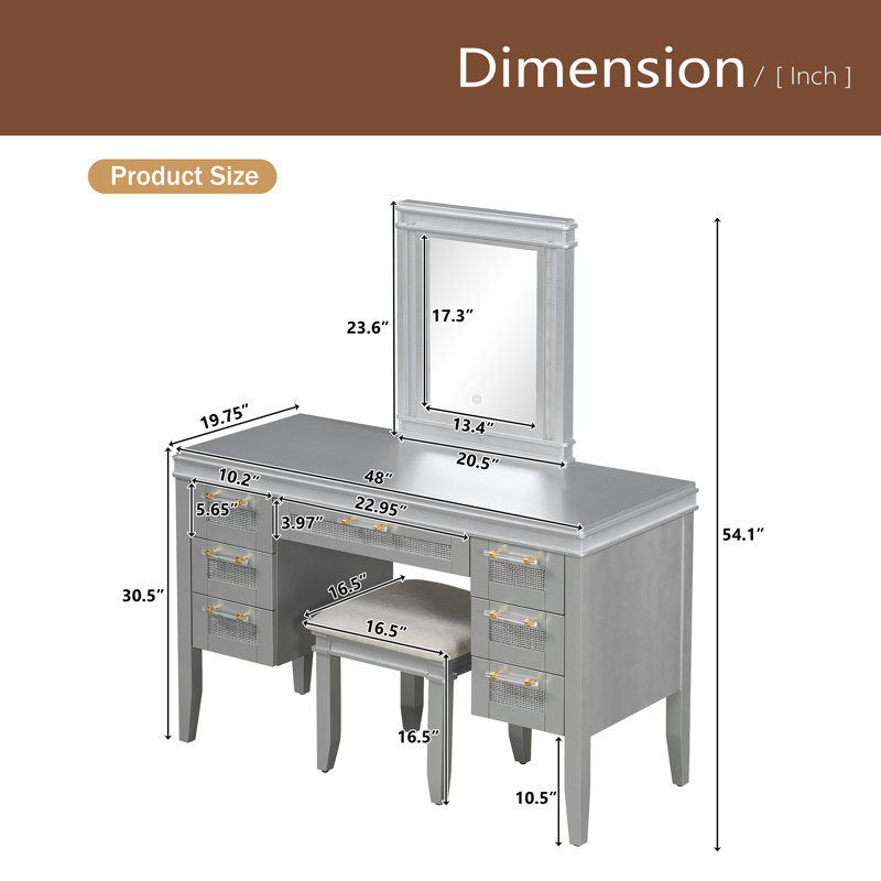 48" Vanity Desk With Mirror And Lights, Makeup Vanity With 7 Drawers And Cushioned Stool, Classic Grey Finish Dressing Table With Hollow Design Drawer For Bedroom, Rubber Wood Legs