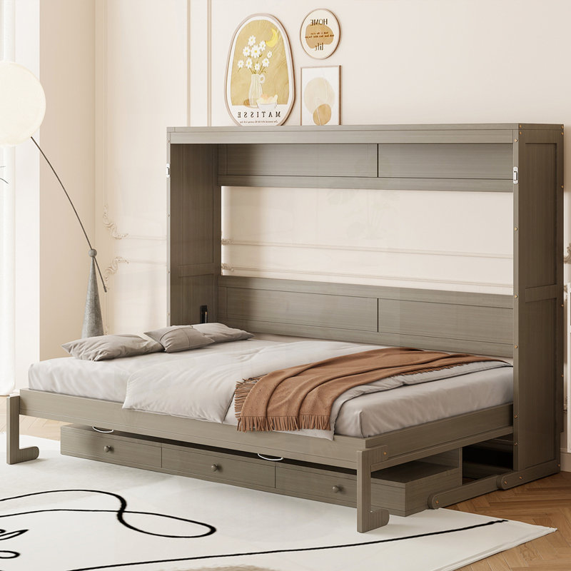 Grand lit escamotable mural avec rangement, armoire-lit pliable avec coiffeuse, miroir central et 2 tiroirs, gris vieilli