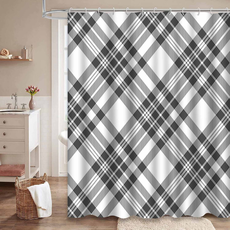 Rideau de douche à carreaux gris foncé avec 12 crochets, L 72 po x l 78 po