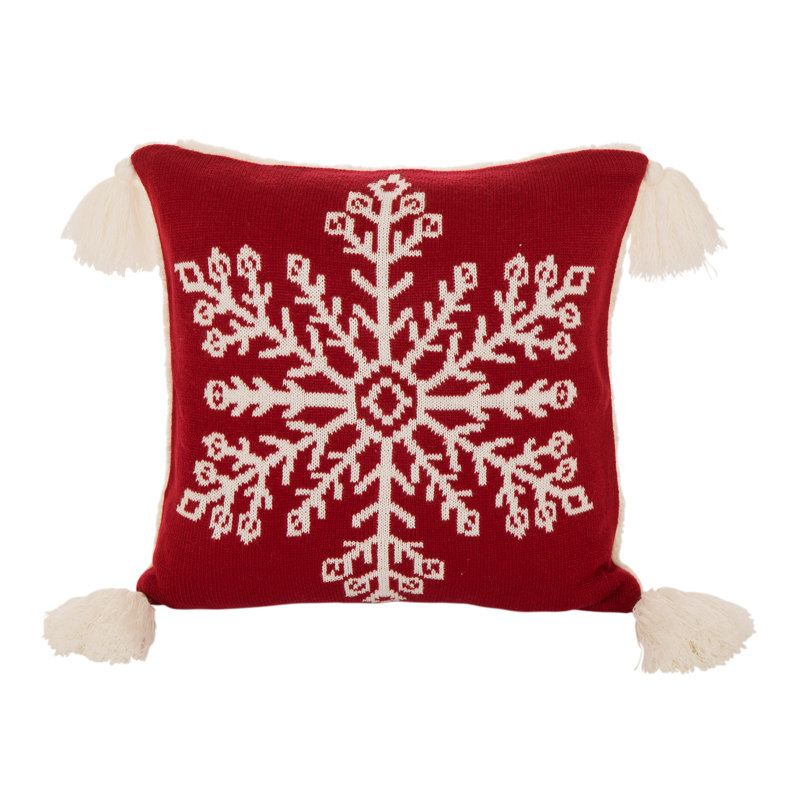 Red Knitted Snowflake Pillow Cover with Tassels