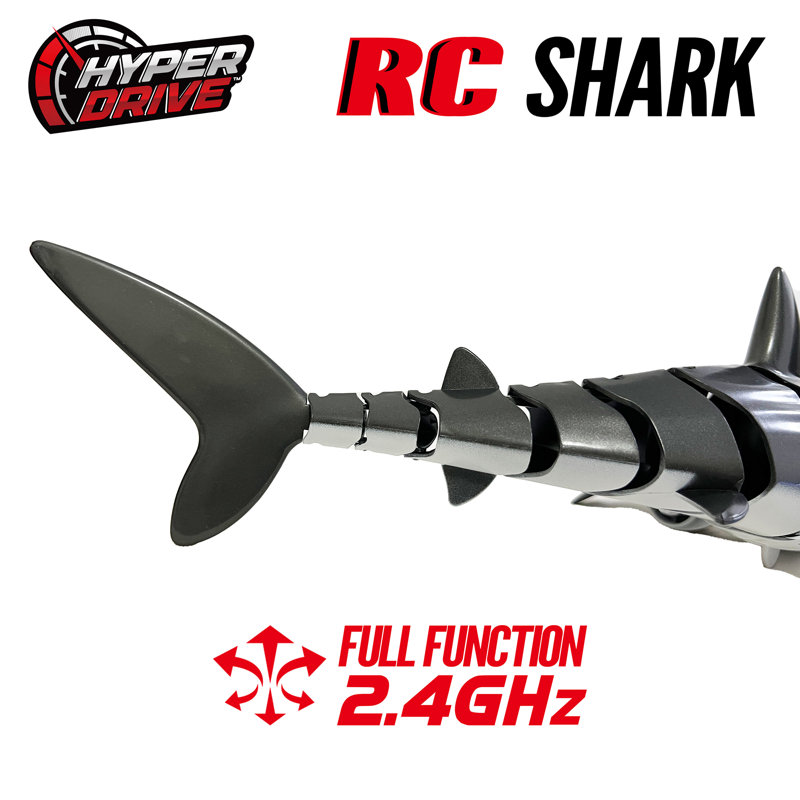 Hyper Drive: requin RC - gris - requin de natation à télécommande lumineux, 2,4 Ghz, jets d'eau, mouvement réaliste de la queue, rotation à 360 °, jeux d'eau, enfants de 6 ans et plus