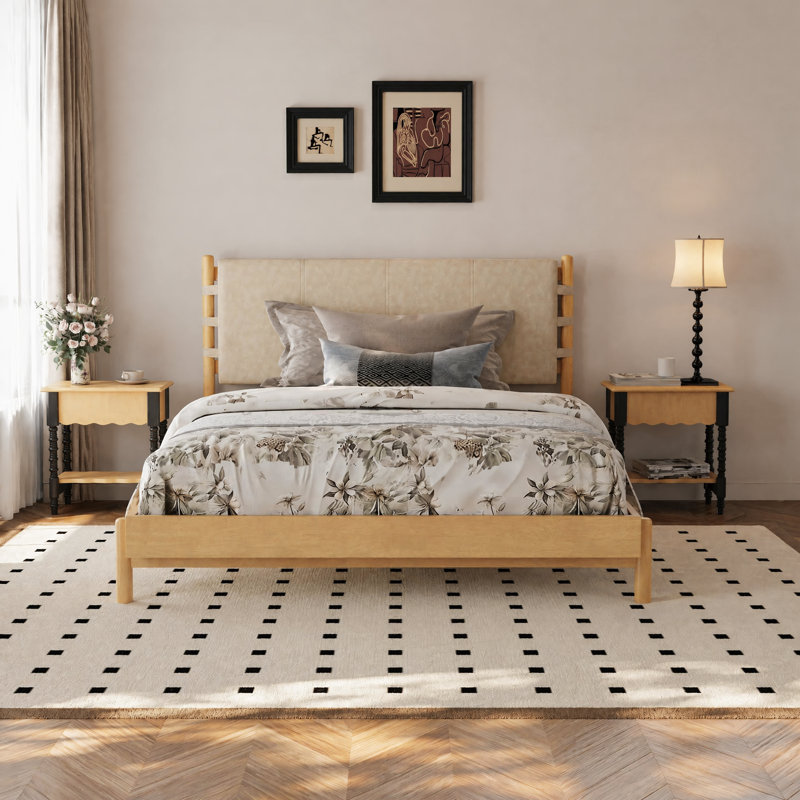 Grand lit plateforme en bois d'hévéa avec tête de lit, beige, Beige, Queen