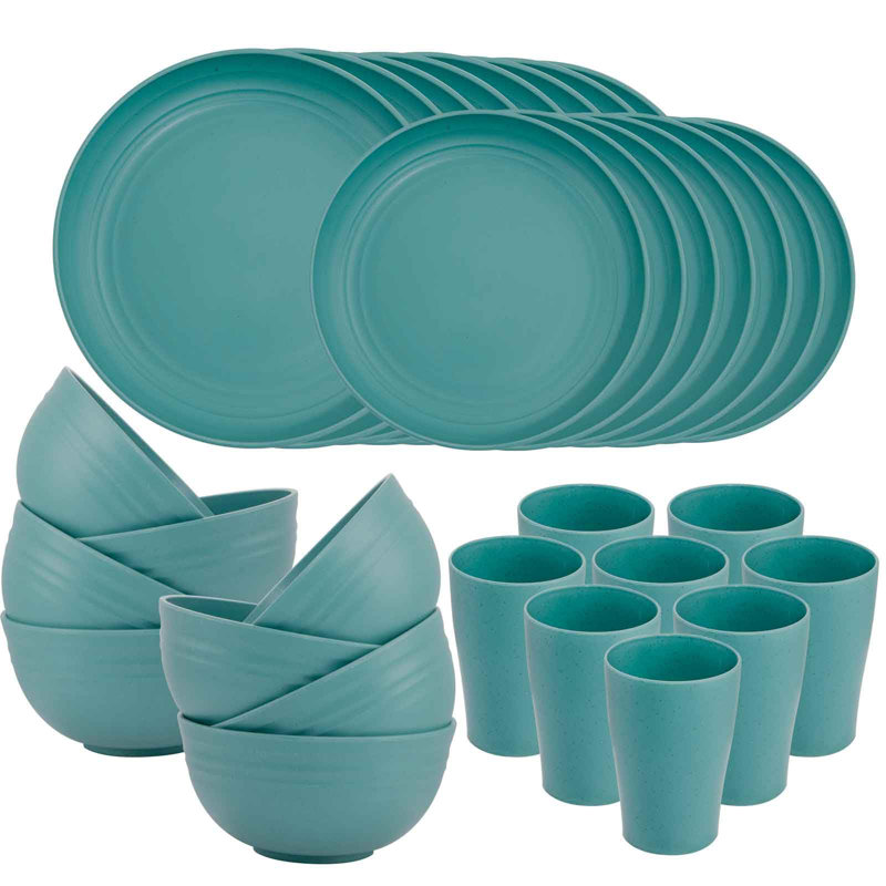 Dark Green Wheat Straw Unbreakable Dinnerware Set for 8