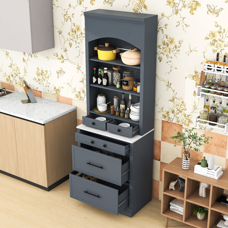 Garde-manger haut avec plateau en faux marbre, tiroirs de rangement et tablettes réglables, Noir, Gris
